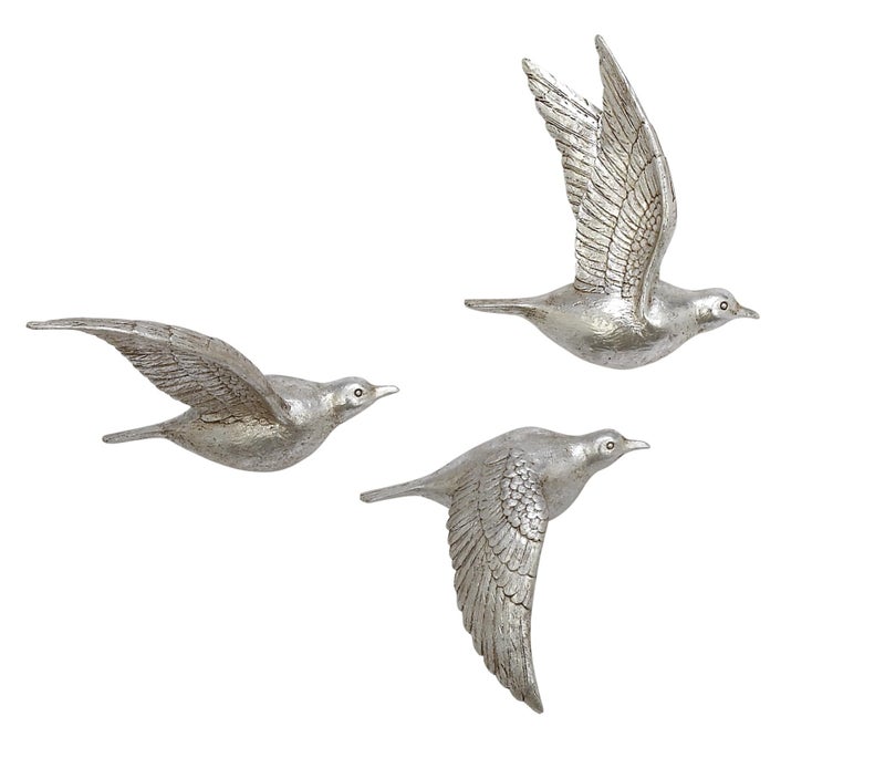 Deco 79 Polystone Bird Home Wall Decor Metallic 3D Sculpted Wall Sculpture, Set of 3 Wall Art 10", 9", 9"H, Silver - Image 1